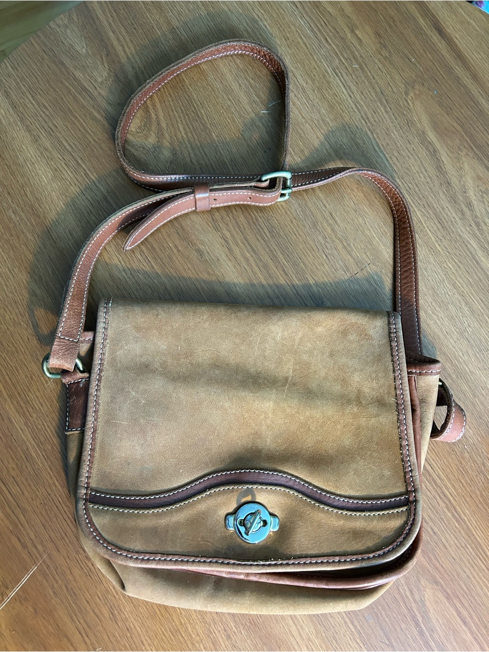 Tan Suede Crossbody Bag with Turn-Lock Closure